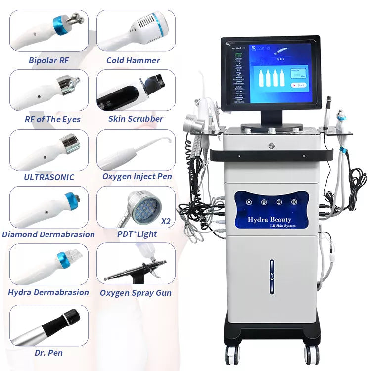 14 in 1 Demabration Facial RF Hydro Diamond Peeling Aqua Oxygen Spray Skin Beauty Machine